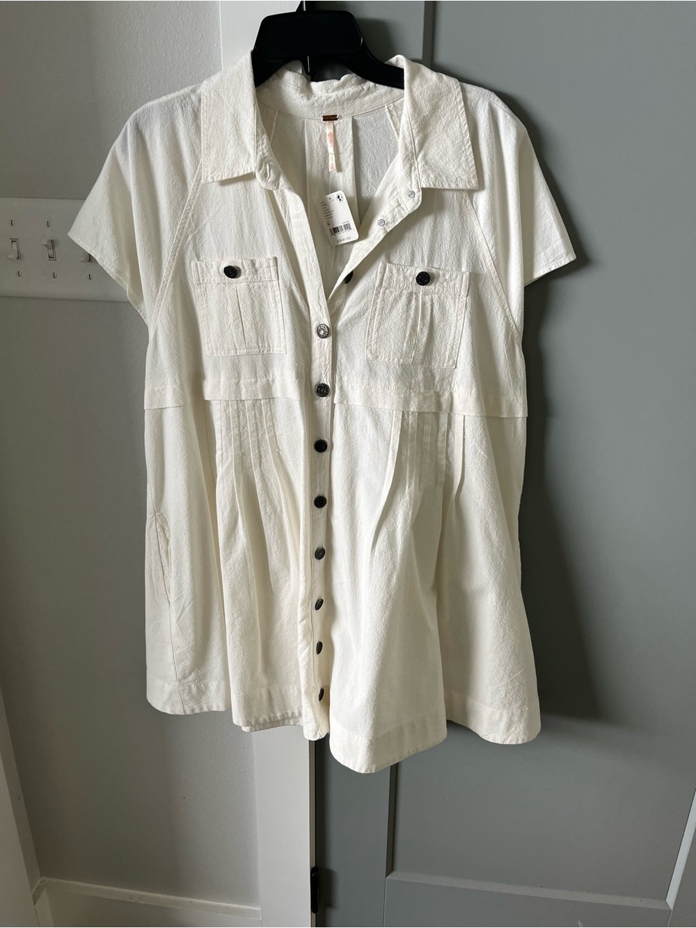 Free People White Short Sleeve Button-Front Mini Dress